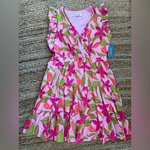 NEW Taylor Large Pink Tropical Floral Tiered Sleeveless Cotton Dress